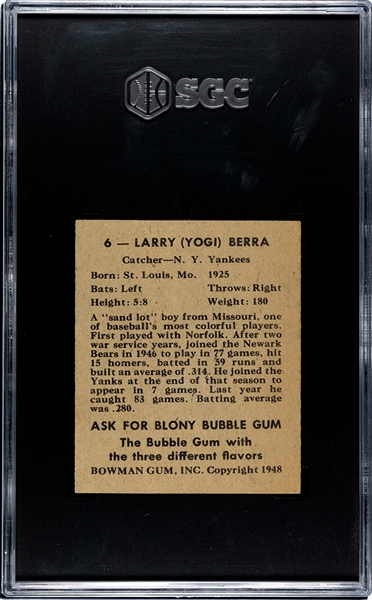 1948 Bowman Yogi Berra Rookie Card #6 SGC 5