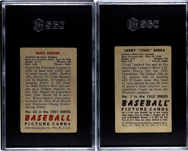 1951 Bowman Duke Snider #32 SGC 2.5 & 1952 Bowman Yogi Berra #1 SGC 1.5