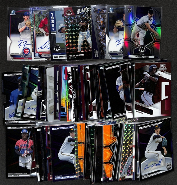 Lot of (65+) 2022-24 Baseball Cards inc. 2023 Panini Mosaic Spencer Strider RC, 2023 Bowman Chrome Teddy McGraw Auto RC, 2022 Mosaic Christian Yelich BANG!
