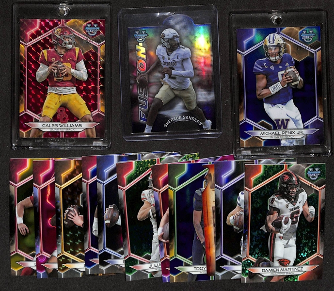 Lot of (13) 2023 Bowman's Best Football Cards w. Caleb Williams Red Geometric Refractor #2/10 & Shedeur Sanders Travis Hunter Mirror Image Fusion Die-Cut  + many more