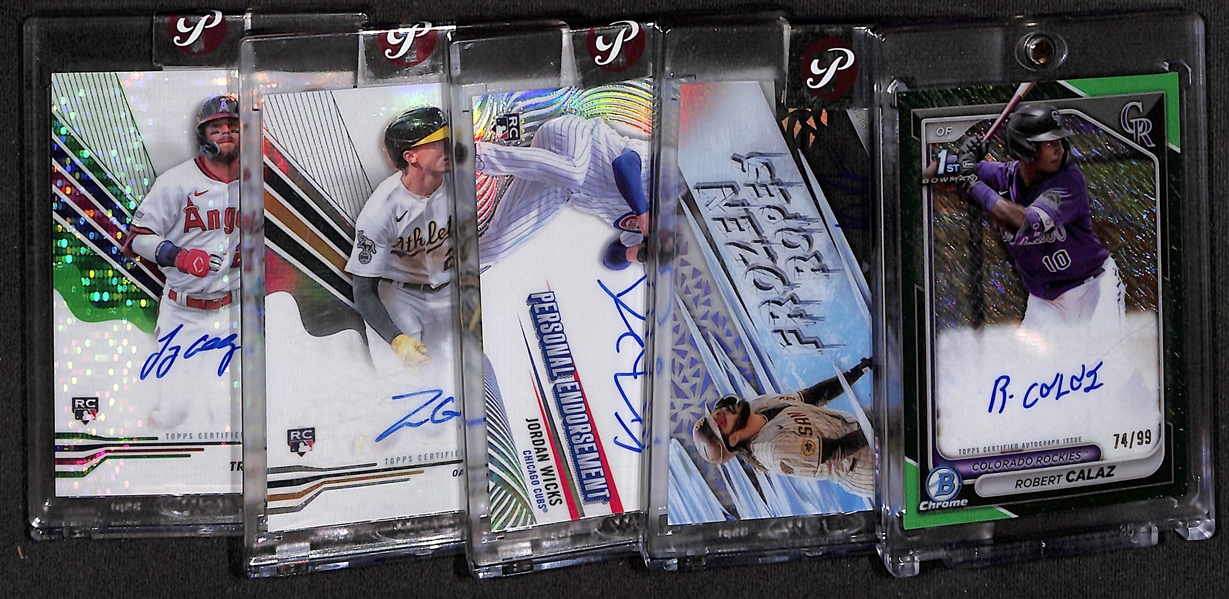 Lot of (5) 2024 Baseball Autograph Cards inc. Bowman Chrome Robert Calaz Green Shimmer (#/99), Pristine Fernando Tatis, +