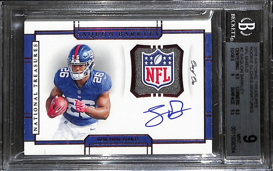 Amazing #1/1 2018 National Treasures Saquon Barkley #2 Rookie Gloves Signatures Rookie NFL Shield Autograph Card BGS 9, Auto 10