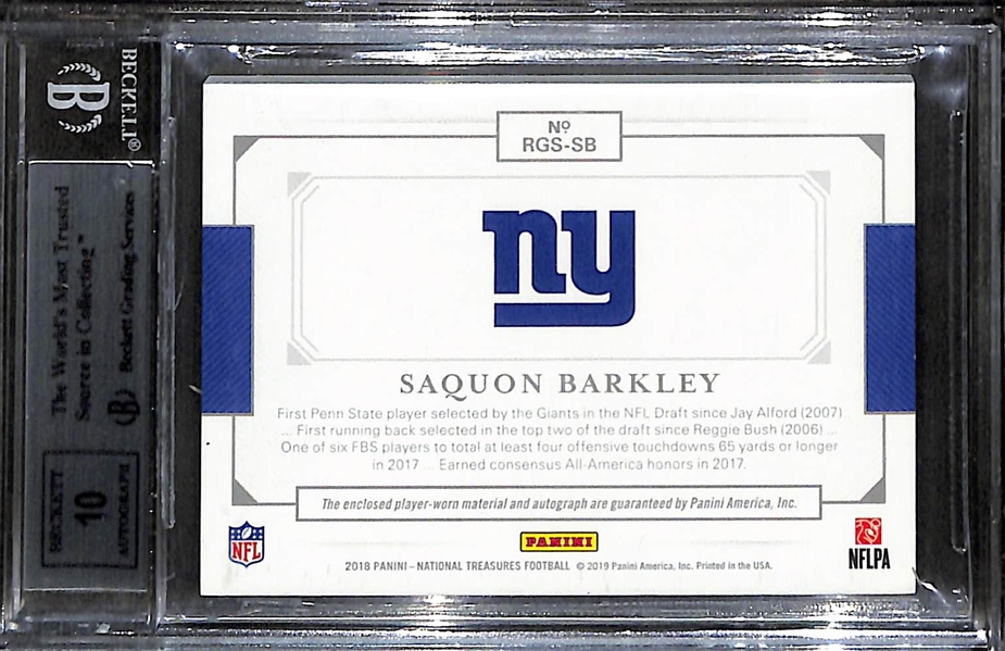 Amazing #1/1 2018 National Treasures Saquon Barkley #2 Rookie Gloves Signatures Rookie NFL Shield Autograph Card BGS 9, Auto 10