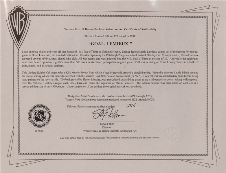 Framed Goal, Lemieux! Mario Lemieux Looney Tunes Signed Picture 285/350 +(JSA Auction Letter)