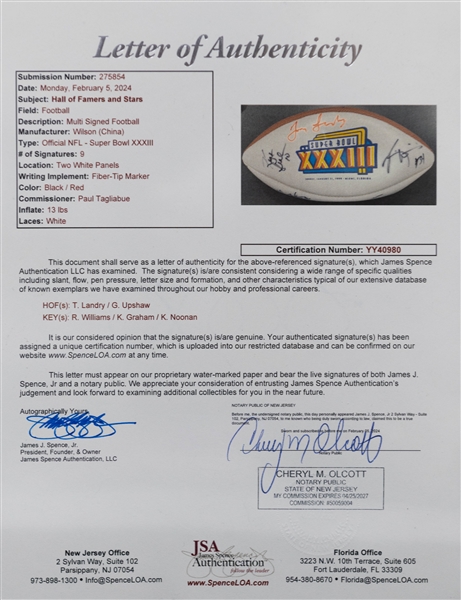 Super Bowl XXXIII Signed Football w. HOFers Tom Landry, Gene Upshaw -  JSA LOA