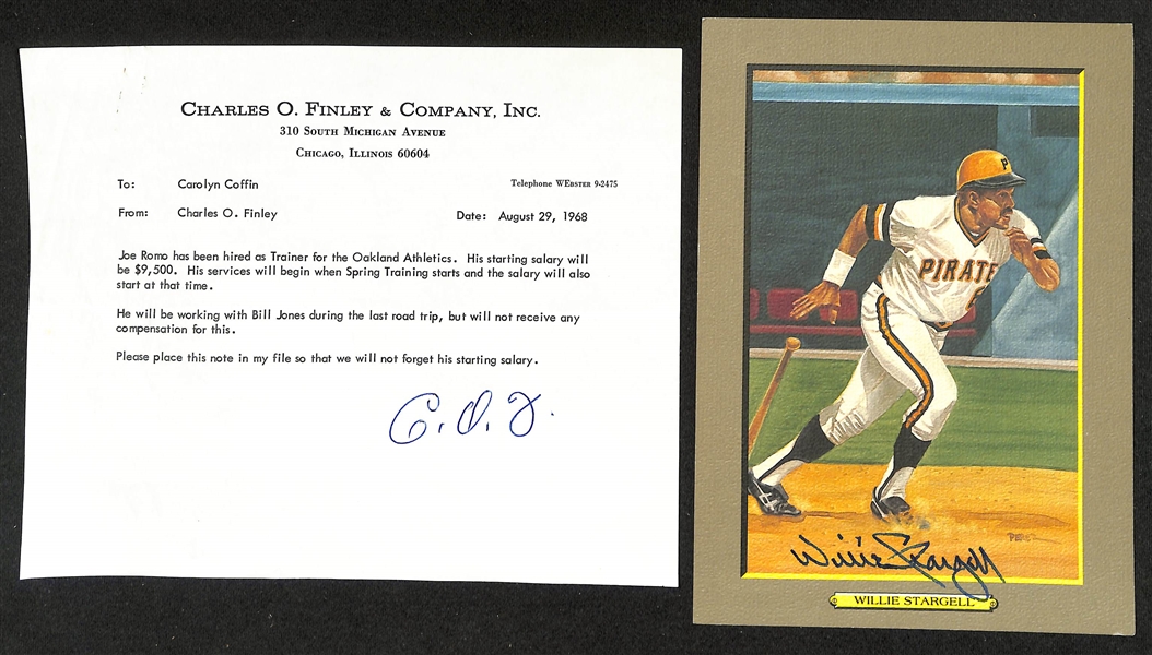 Charlie Finley (KC/Oakland As Owner) Signed Letter & Willie Stargell Signed Perez-Steele Great Moments Oversized Card (JSA Auction Letter)