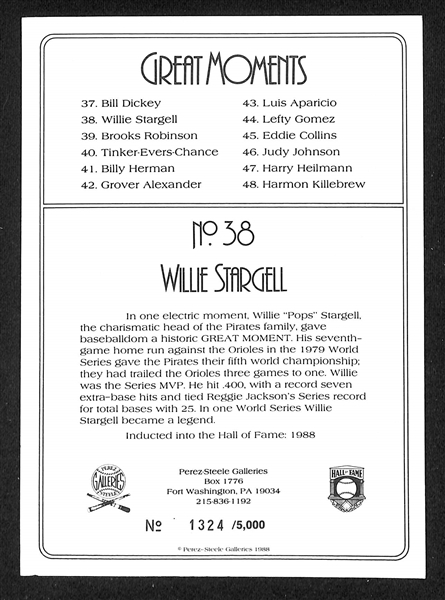 Charlie Finley (KC/Oakland A's Owner) Signed Letter & Willie Stargell Signed Perez-Steele Great Moments Oversized Card (JSA Auction Letter)