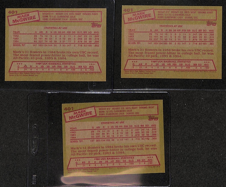Lot of (3) Mark McGwire Signed 1985 Topps Rookie Cards #401 - Early Signatures - JSA Auction Letter