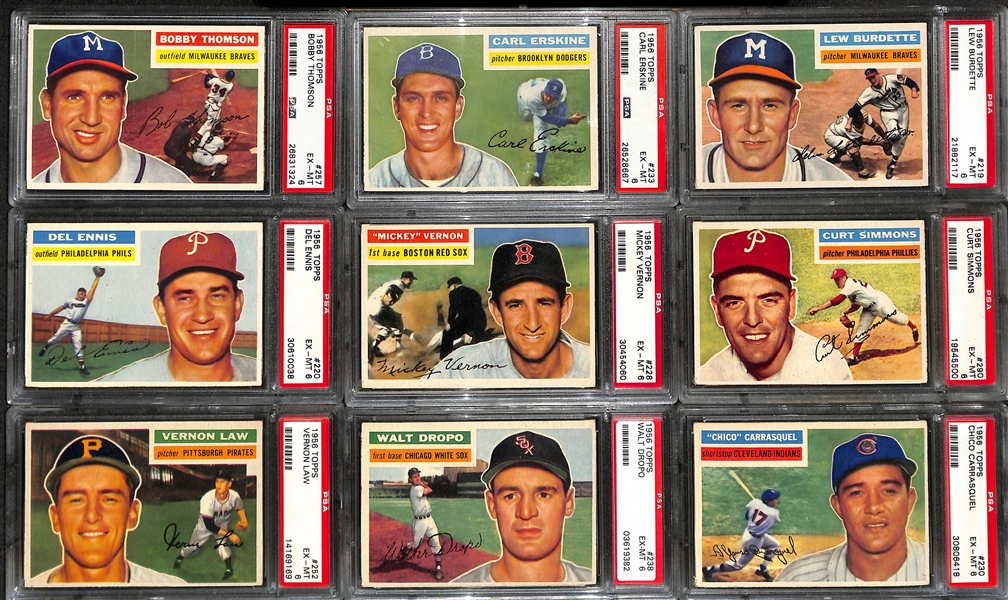 (56) Different 1956 Topps Cards - All Graded PSA 6 (Cards #ed Between 205 and 339) inc. Thomson, Erskine, Burdette, Ennis, Vernon, Simmons, Law, Dropo, Carrasquel, Friend, Seminick, Pafko, +