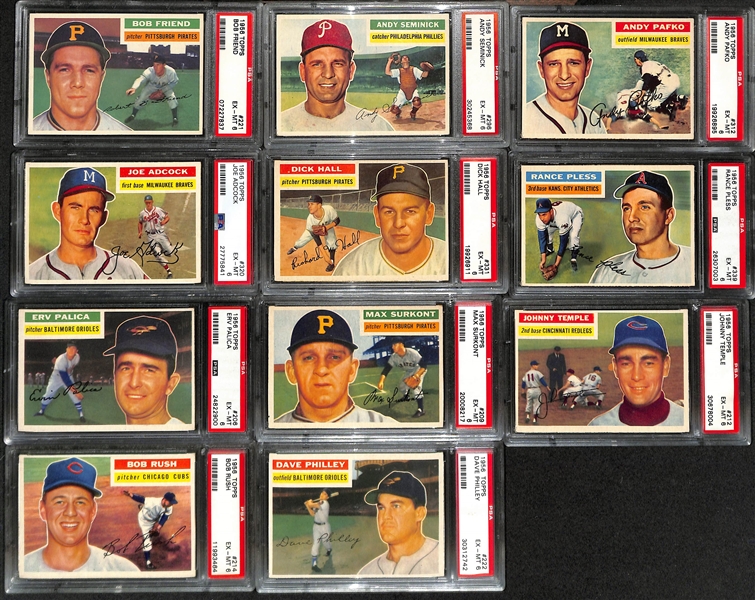 (56) Different 1956 Topps Cards - All Graded PSA 6 (Cards #ed Between 205 and 339) inc. Thomson, Erskine, Burdette, Ennis, Vernon, Simmons, Law, Dropo, Carrasquel, Friend, Seminick, Pafko, +