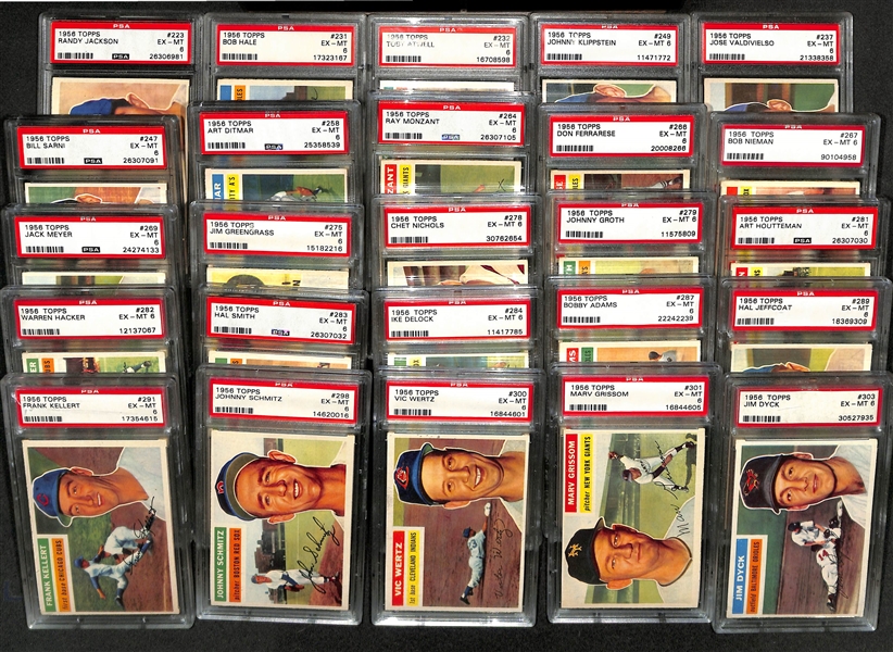 (56) Different 1956 Topps Cards - All Graded PSA 6 (Cards #ed Between 205 and 339) inc. Thomson, Erskine, Burdette, Ennis, Vernon, Simmons, Law, Dropo, Carrasquel, Friend, Seminick, Pafko, +