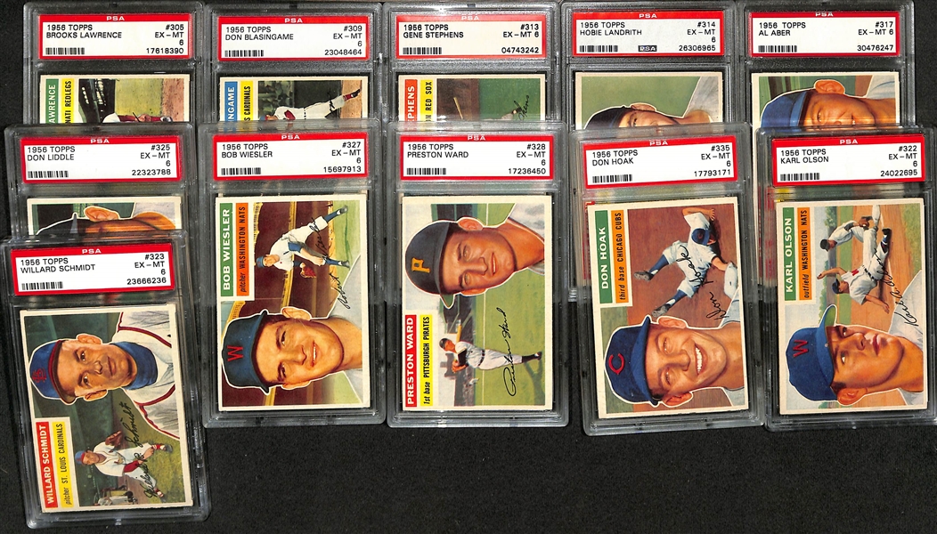 (56) Different 1956 Topps Cards - All Graded PSA 6 (Cards #ed Between 205 and 339) inc. Thomson, Erskine, Burdette, Ennis, Vernon, Simmons, Law, Dropo, Carrasquel, Friend, Seminick, Pafko, +