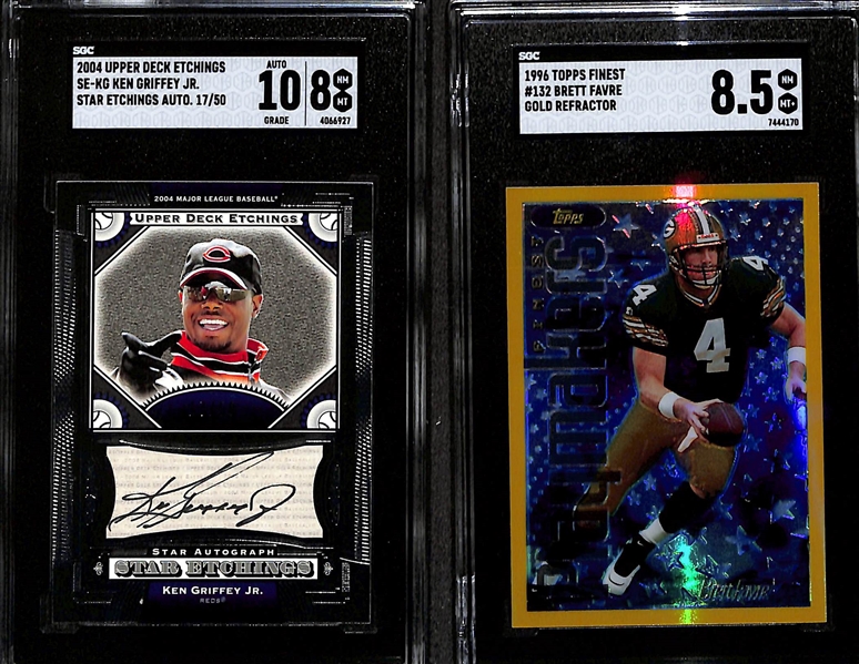 Lot of (2) SGC Graded Sports Cards- 2004 Upper Deck Etchings Ken Griffey Jr Autograph (SGC 8) (10 Auto) (#/50), 1996 Topps Finest Brett Favre Gold Refractor (SGC 8.5)