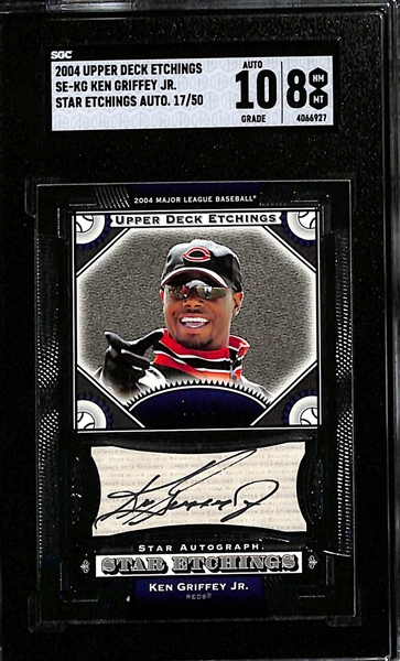 Lot of (2) SGC Graded Sports Cards- 2004 Upper Deck Etchings Ken Griffey Jr Autograph (SGC 8) (10 Auto) (#/50), 1996 Topps Finest Brett Favre Gold Refractor (SGC 8.5)