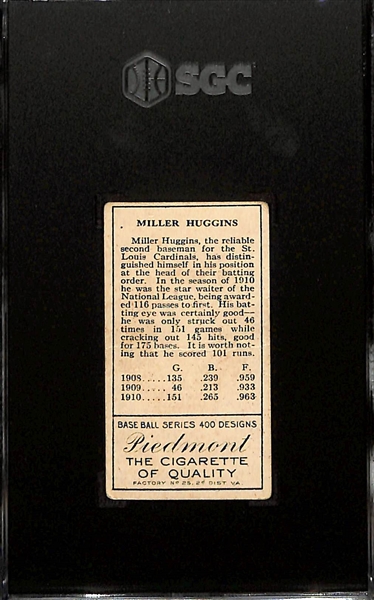 1911 T205 Miller Huggins (HOF) - Piedmont Cigarettes Graded SGC 2