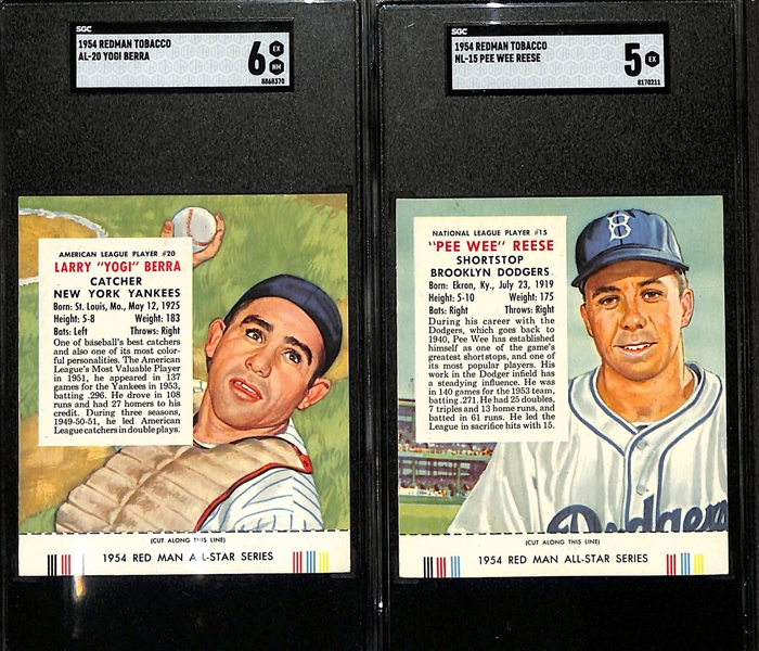 (2) Graded 1954 Redman Tobacco Cards (w. Tabs) - Yogi Berra (SGC 6) & Pee Wee Reese (SGC 5)