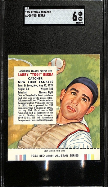 (2) Graded 1954 Redman Tobacco Cards (w. Tabs) - Yogi Berra (SGC 6) & Pee Wee Reese (SGC 5)