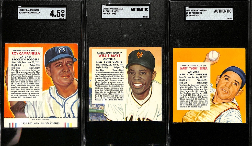 (3) Graded Redman Tobacco Cards - 1954 Roy Campanelli (w. Tab) SGC 4.5, 1955 Willie Mays (SGC Authentic), 1955 Yogi Berra (SGC Authentic)