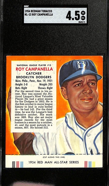 (3) Graded Redman Tobacco Cards - 1954 Roy Campanelli (w. Tab) SGC 4.5, 1955 Willie Mays (SGC Authentic), 1955 Yogi Berra (SGC Authentic)