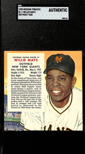 (3) Graded Redman Tobacco Cards - 1954 Roy Campanelli (w. Tab) SGC 4.5, 1955 Willie Mays (SGC Authentic), 1955 Yogi Berra (SGC Authentic)