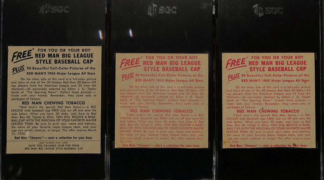 (3) Graded Redman Tobacco Cards - 1954 Roy Campanelli (w. Tab) SGC 4.5, 1955 Willie Mays (SGC Authentic), 1955 Yogi Berra (SGC Authentic)