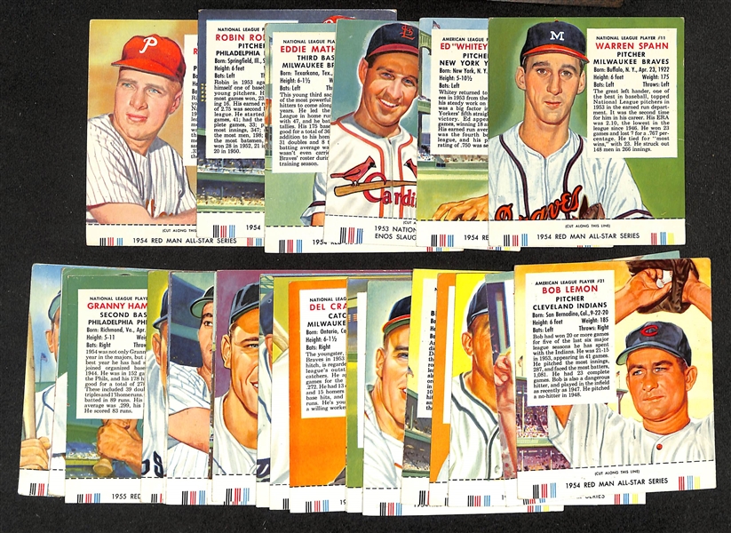 (28) 1954-55 Red Man Tobacco Cards w. Tabs - (25) 1954 (w. Spahn, Ford, Slaughter, Mathews, Roberts, Ashburn, +) and (3) 1955