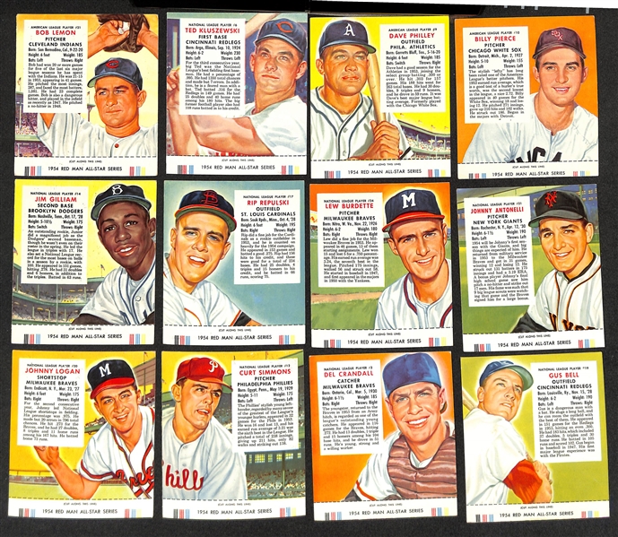 (28) 1954-55 Red Man Tobacco Cards w. Tabs - (25) 1954 (w. Spahn, Ford, Slaughter, Mathews, Roberts, Ashburn, +) and (3) 1955