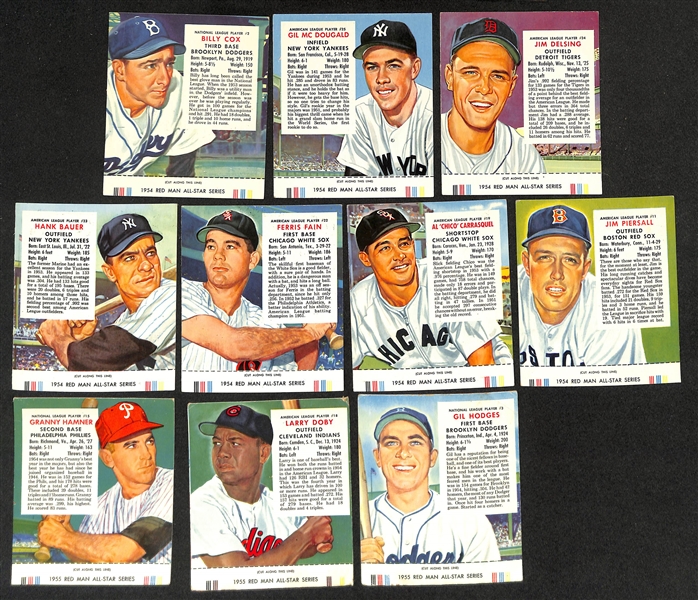 (28) 1954-55 Red Man Tobacco Cards w. Tabs - (25) 1954 (w. Spahn, Ford, Slaughter, Mathews, Roberts, Ashburn, +) and (3) 1955