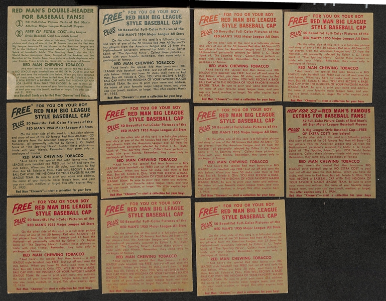 (58) 1954-55 Redman Tobacco Cards (Without Tabs) w. Willie Mays, Roy Campanella, Duke Snider, Ford, (2) Reese, Fox, Spahn, Ashburn, (2) Kluszewski, +