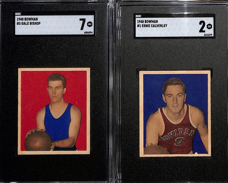 (7) Graded 1948 Bowman Basketball Cards - Gale Bishop Rookie #3 (SGC 7), Ernie Calverley Rookie #1 (SGC 2), Don Putman #28 (SGC 6.5), Ralph Hamilton #2 (SGC 7 and SGC 6), Sidney Hertzberg #16 (SGC...