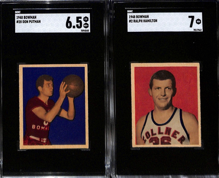 (7) Graded 1948 Bowman Basketball Cards - Gale Bishop Rookie #3 (SGC 7), Ernie Calverley Rookie #1 (SGC 2), Don Putman #28 (SGC 6.5), Ralph Hamilton #2 (SGC 7 and SGC 6), Sidney Hertzberg #16 (SGC...