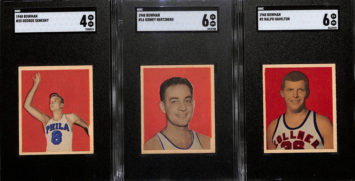 (7) Graded 1948 Bowman Basketball Cards - Gale Bishop Rookie #3 (SGC 7), Ernie Calverley Rookie #1 (SGC 2), Don Putman #28 (SGC 6.5), Ralph Hamilton #2 (SGC 7 and SGC 6), Sidney Hertzberg #16 (SGC...