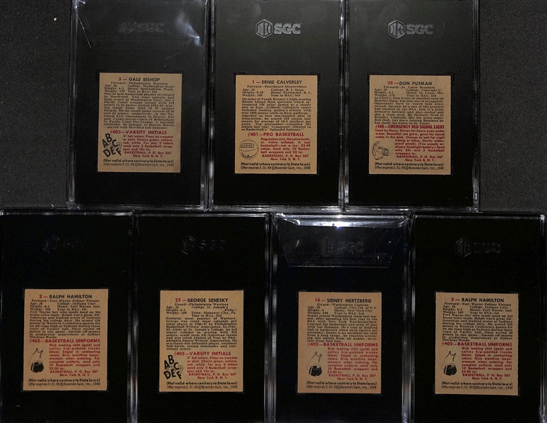 (7) Graded 1948 Bowman Basketball Cards - Gale Bishop Rookie #3 (SGC 7), Ernie Calverley Rookie #1 (SGC 2), Don Putman #28 (SGC 6.5), Ralph Hamilton #2 (SGC 7 and SGC 6), Sidney Hertzberg #16 (SGC...