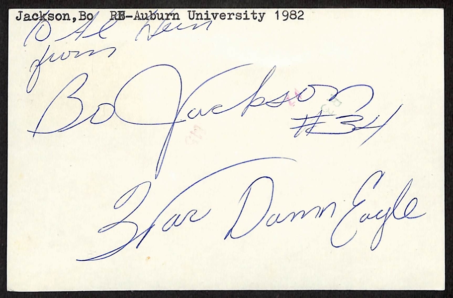 Bo Jackson Signed and Inscribed Index Card +(JSA Auction Letter)