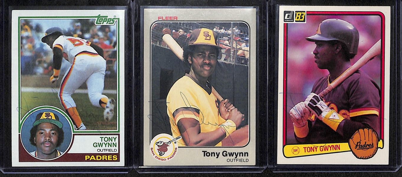 (3) Tony Gwynn Signed 1983 Rookie Cards w. Fleer, Donruss, and Topps (JSA Auction Letter)