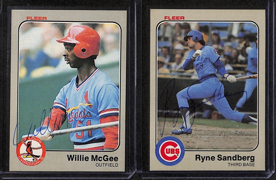 (7) Signed 1983 Baseball Rookie Cards w. Ryne Sandberg Fleer & Topps, Willie McGee Fleer, Topps, & Donruss, Frank Viola Fleer & Donruss (JSA Auction Letter)