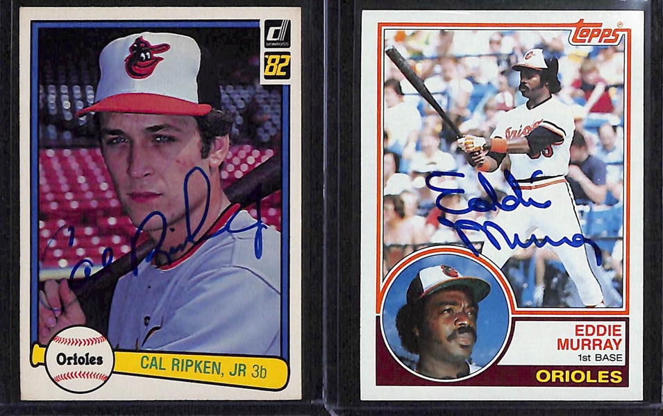 (8) Signed 1982-1983 Orioles Cards w. 1982 Donruss Cal Ripken Jr. Rookie, 1983 Topps Eddie Murray, (3) 1983 Topps Earl Weaver + more (JSA Auction Letter)