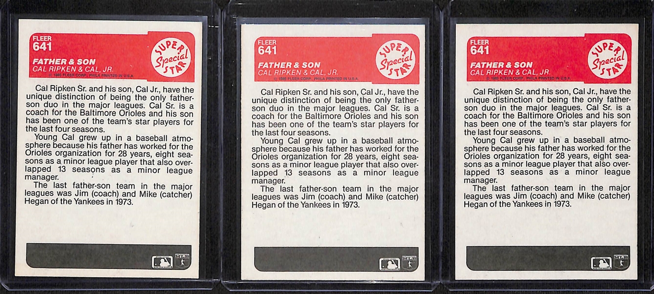 (3) Signed 1985 Fleer Cal Ripken Jr & Sr. (JSA Auction Letter)