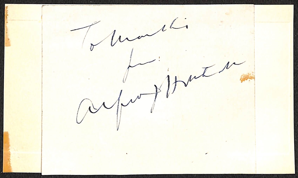 Alfred Hitchcock (d. 1980) Signed Index Card w. Note on How the Autograph Was Obtained on June 26, 1942 (JSA Auction Letter)