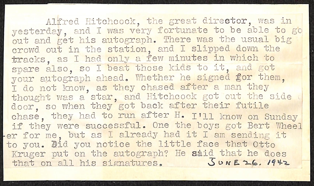 Alfred Hitchcock (d. 1980) Signed Index Card w. Note on How the Autograph Was Obtained on June 26, 1942 (JSA Auction Letter)