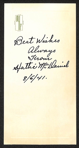 Rare Hattie McDaniel (d. 1952) Signed Index Card (Dated 8/5/1941) - Mammy From Gone With the Wind (First African American to Win an Oscar) - JSA Auction Letter