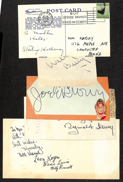 (7) Vintage Entertainment Autographs w. Sterling Holloway (d. 1992, Winnie the Pooh), Wallace Beery (d. 1949), Joe E. Brown (d. 1973, comedian), Reginald Denny (d. 1967, actor), & The Kidoodlers...