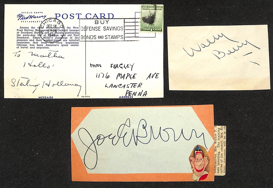 (7) Vintage Entertainment Autographs w. Sterling Holloway (d. 1992, Winnie the Pooh), Wallace Beery (d. 1949), Joe E. Brown (d. 1973, comedian), Reginald Denny (d. 1967, actor), & The Kidoodlers...