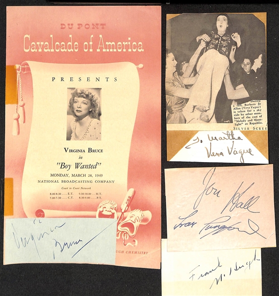 Vintage Entertainer Autographs w. Peter Lorre (d. 1964, Maltese Falcon, Casablanca), Jackie Cooper (d. 2011), Virginia Bruce (d. 1982), Perce Marco, Vera Vague (d. 1972), Frances Langford (d....