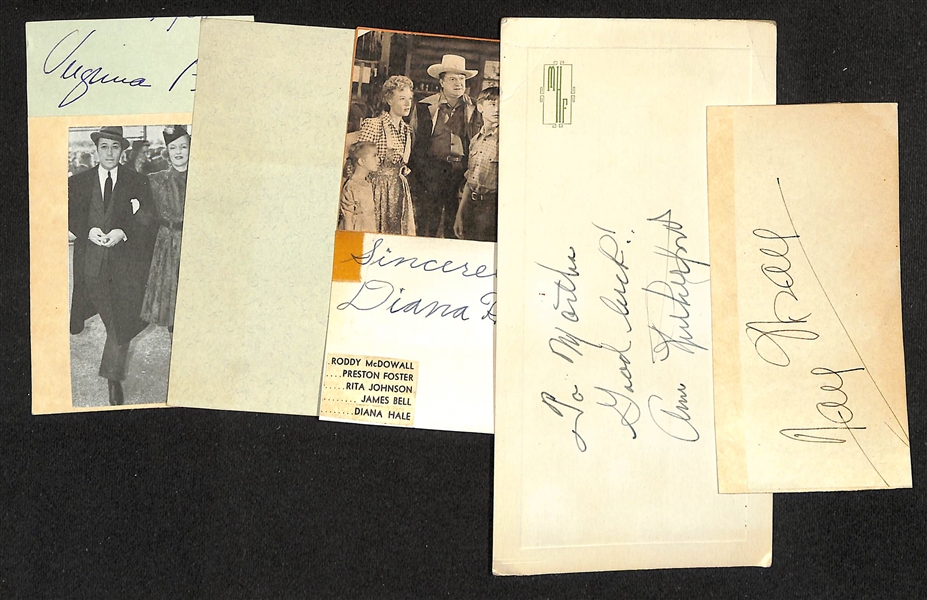 Vintage Actress Autograph Lot - Fay Wray (d. 2004, 1933 King Kong), Ann Rutherford (d. 2012 - Gone With the Wind), Diana Hale (d. 2022, Get Smart), Tala Birell (d. 1958), Virginia Pine (d. 1984) -...
