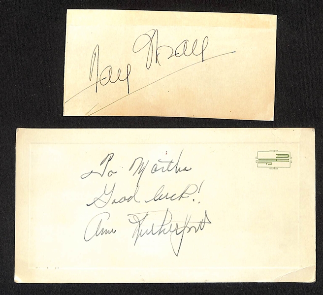 Vintage Actress Autograph Lot - Fay Wray (d. 2004, 1933 King Kong), Ann Rutherford (d. 2012 - Gone With the Wind), Diana Hale (d. 2022, Get Smart), Tala Birell (d. 1958), Virginia Pine (d. 1984) -...