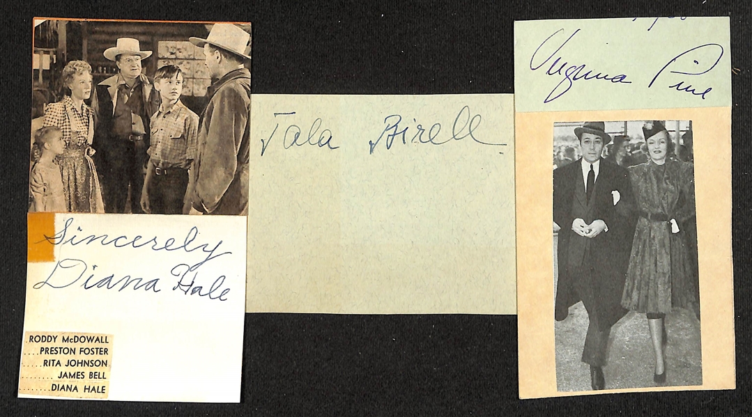 Vintage Actress Autograph Lot - Fay Wray (d. 2004, 1933 King Kong), Ann Rutherford (d. 2012 - Gone With the Wind), Diana Hale (d. 2022, Get Smart), Tala Birell (d. 1958), Virginia Pine (d. 1984) -...