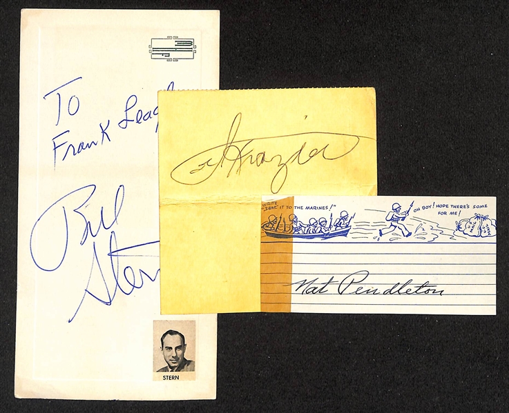 Sports Autographs - Bill Stern (Rare Baseball HOF Autograph - d. 1971), Joe Frazier (Boxing HOF), Nat Pendleton (Actor/Wrestler - d. 1967, 1920 US Olympic Heavyweight Silver Medalist) (JSA Auction...