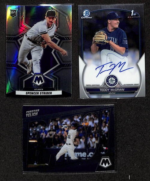 Lot of (65+) 2022-24 Baseball Cards inc. 2023 Panini Mosaic Spencer Strider RC, 2023 Bowman Chrome Teddy McGraw Auto RC, 2022 Mosaic Christian Yelich BANG!