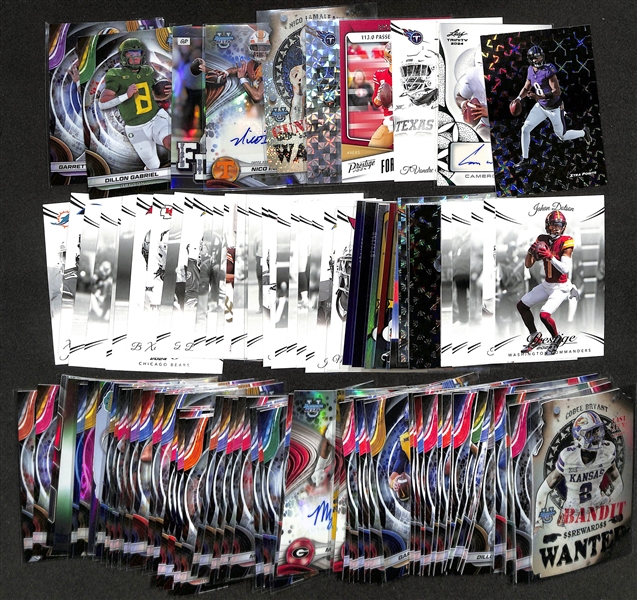 Lot of (55+) 2024 Football Cards inc. Panini Prestige #20 Lamar Jackson Hyper Extra Points and 2024 Leaf Trinity Cameron Ward Auto #/25